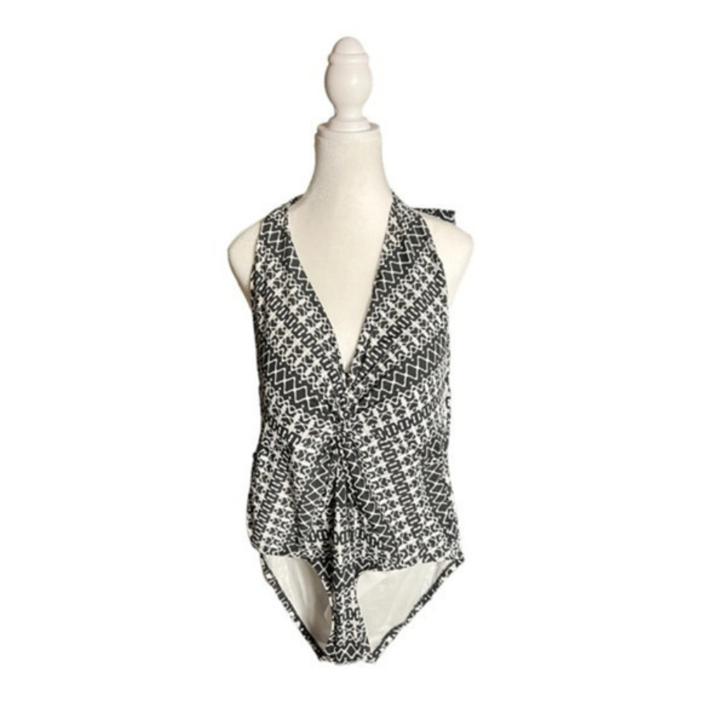 Merona Women's 1 Piece Plunge Knot Halter Swimsuit Black/White Sz L
